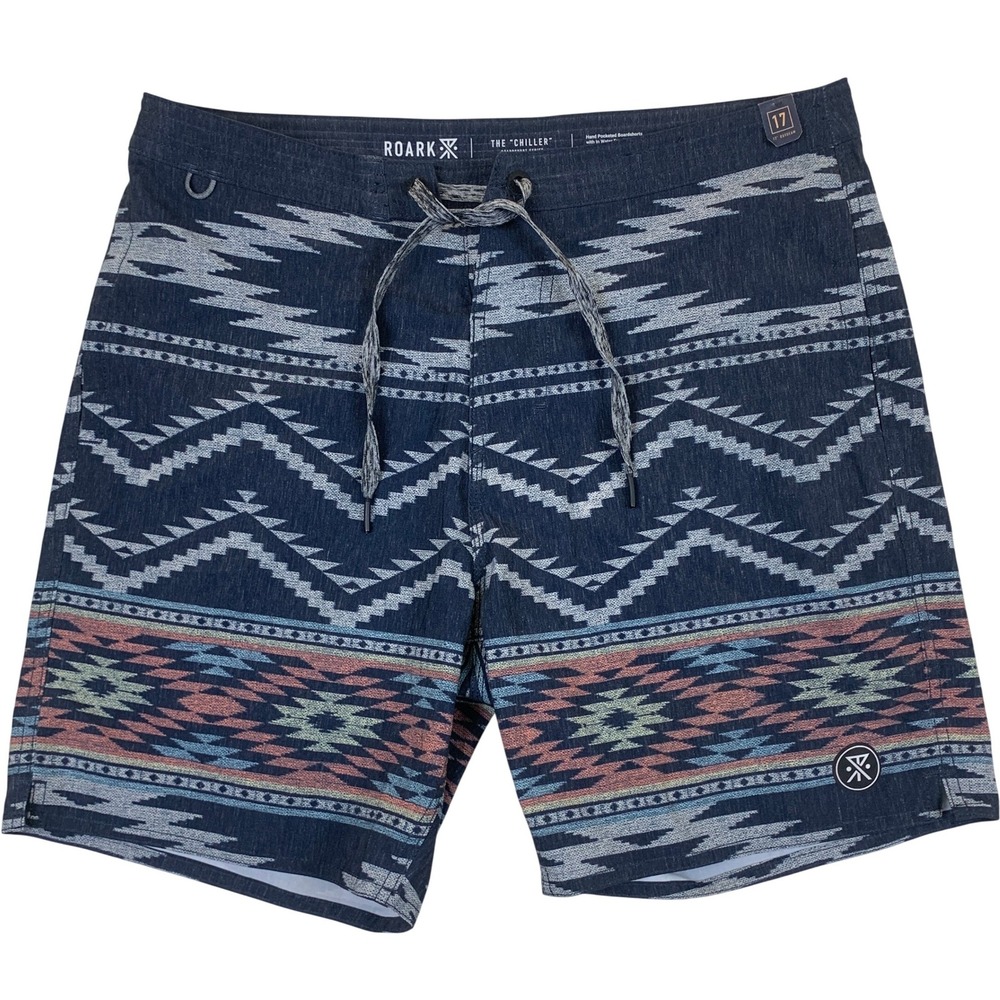 Roark The Chiller Boardshorts Mens 30 Blue Tribal Geometric 17 Outseam Hemp NWT